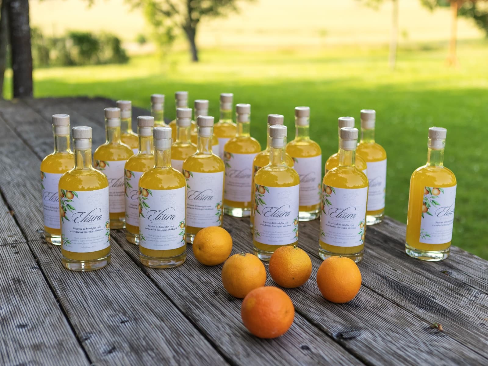 Une vingtaine de bouteilles d'Elisira 50 cl sur une table en bois, au jardin