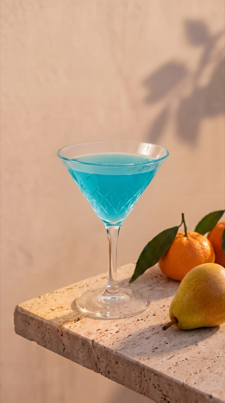 Blue Dream turquoise dans un verre à martini ciselé, posé au soleil sur une dalle de pierre, à côté de mandarines et d'une poire