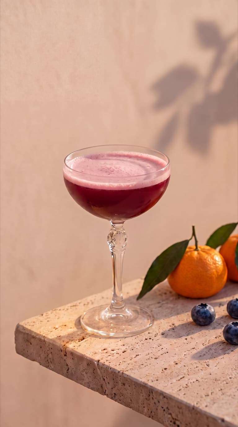 Elisired pourpre à mousse rosée dans une coupe, posé au soleil sur une dalle de pierre, à côté de mandarines et de myrtilles