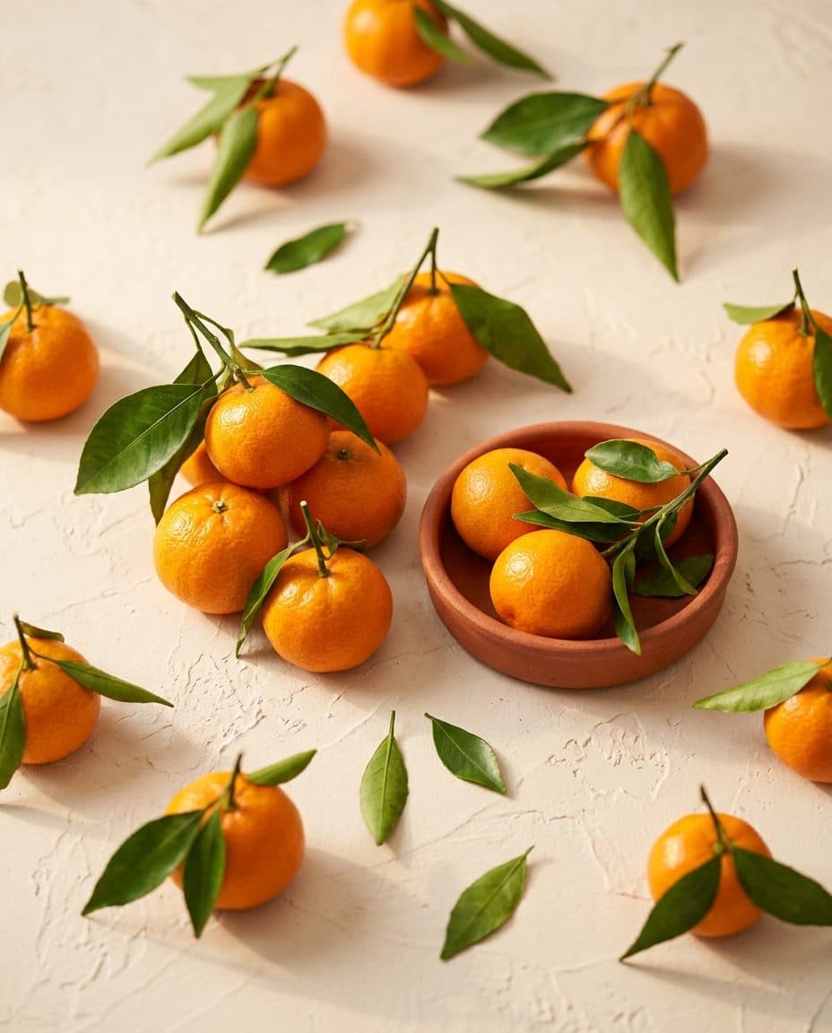 Mandarines fraîches avec leurs feuilles, dans une coupelle en terre cuite