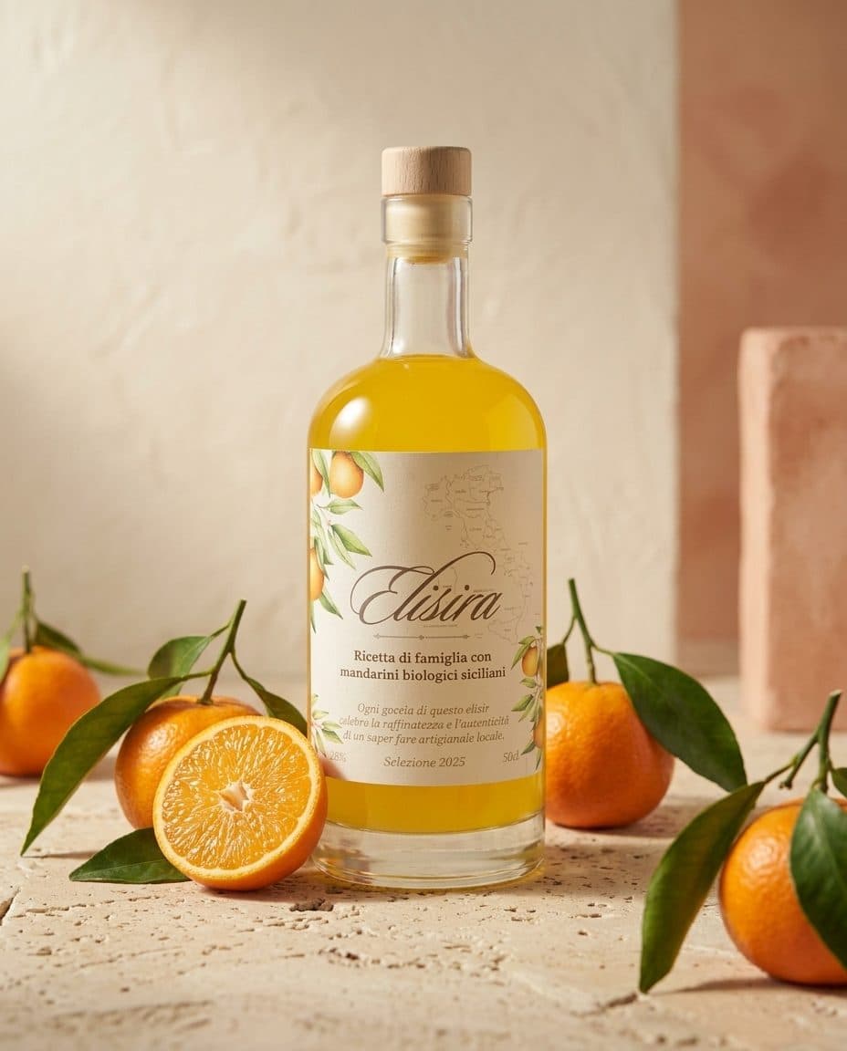 Elisira 50 cl entre des mandarines, sur une pierre claire