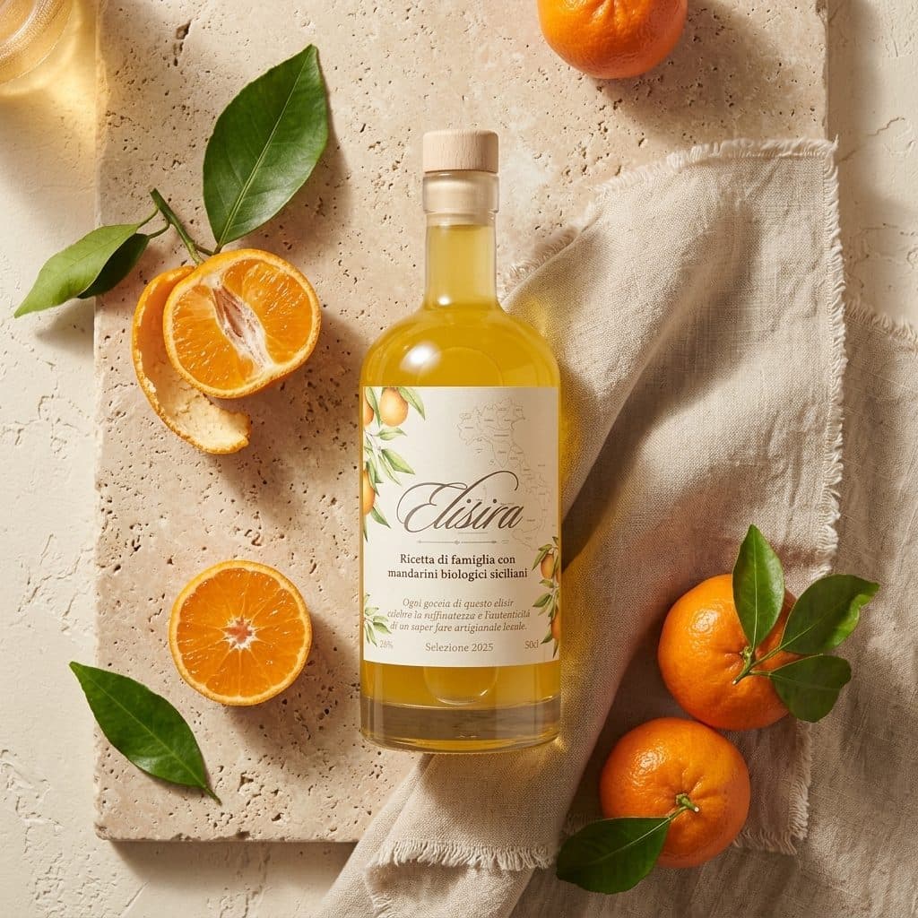 Elisira 50 cl vue de dessus, sur une pierre, entre des mandarines