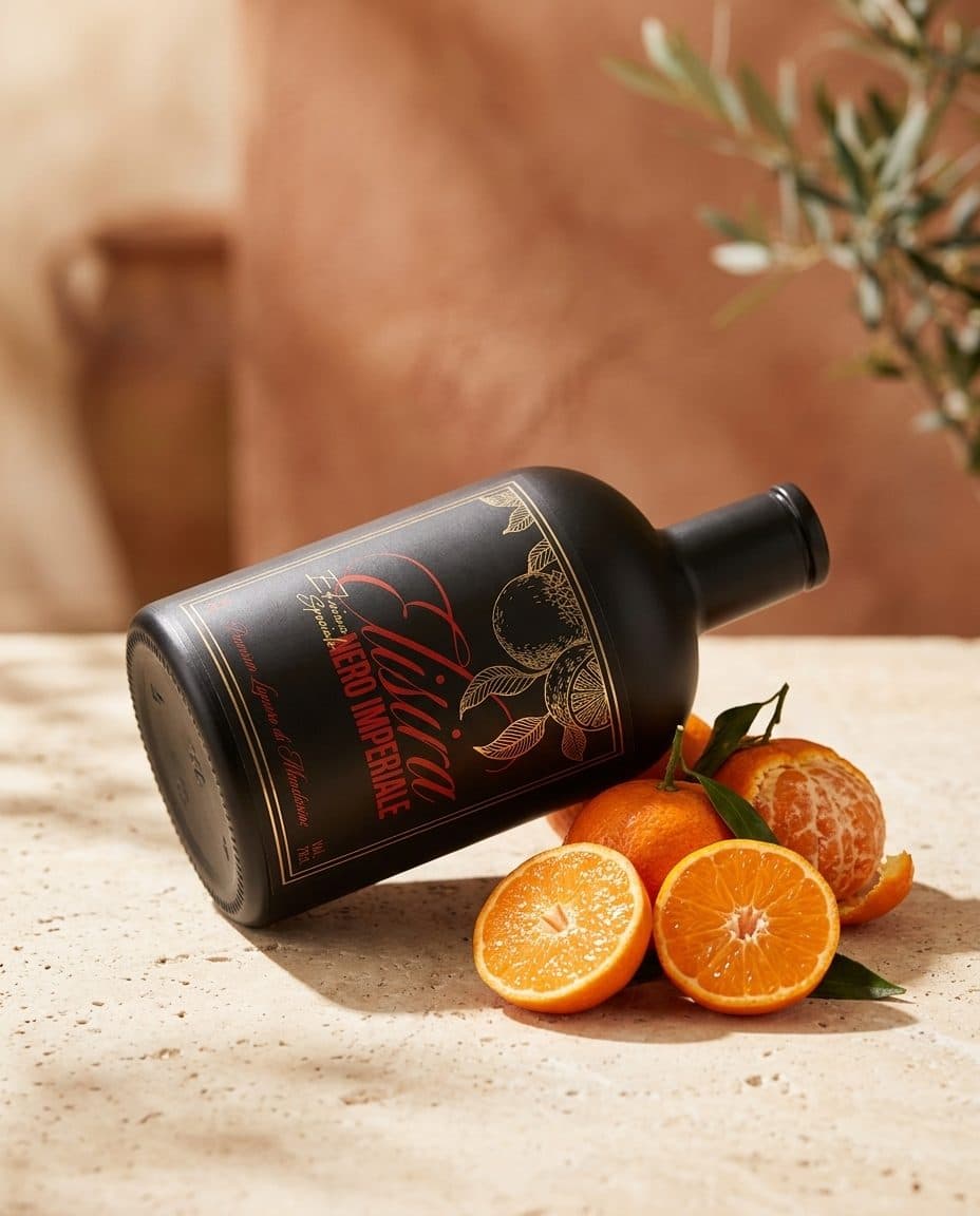 Elisira Nero Imperiale 70 cl couchée près de mandarines coupées