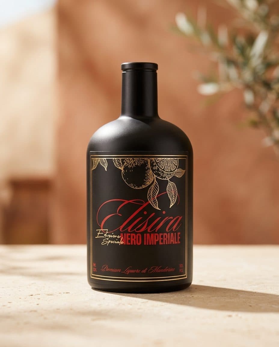Elisira Nero Imperiale 70 cl debout devant un mur ocre