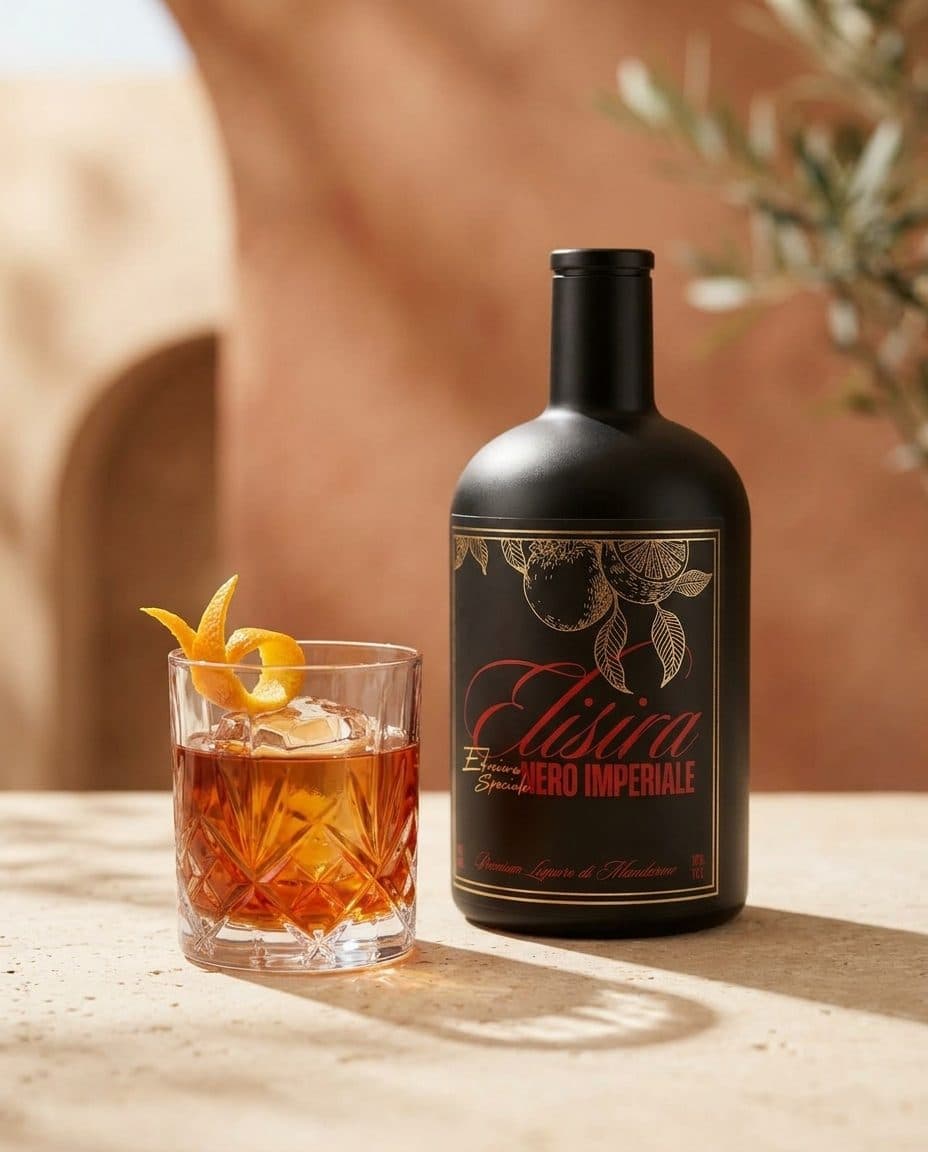 Elisira Nero Imperiale 70 cl à côté d'un cocktail ambré