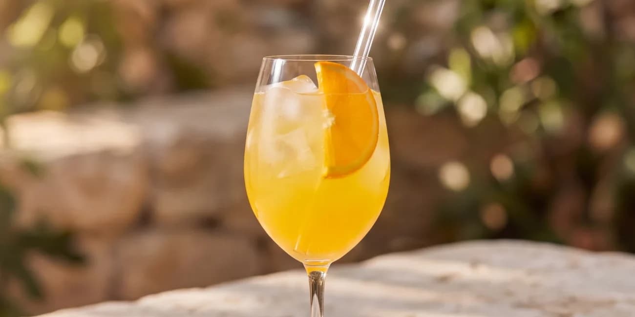 Elisira Spritz sur glace dans un verre à pied, avec une tranche d'orange
