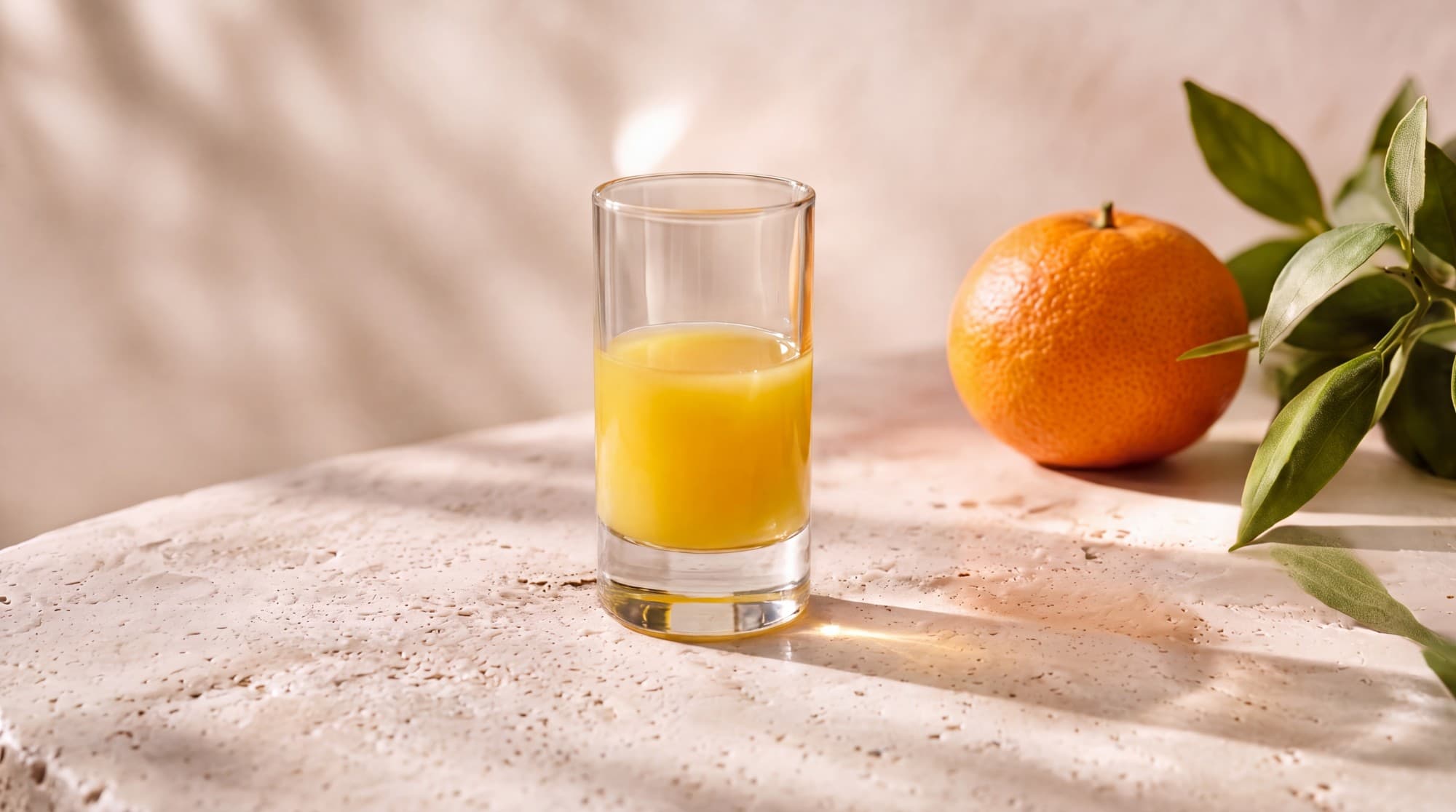 Elisira servie fraîche dans un petit verre, à côté d'une mandarine